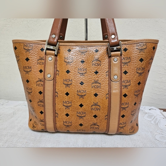 MCM Cognac Monogram Handbag Tote Bag AUTHENTIC - Picture 7 of 16